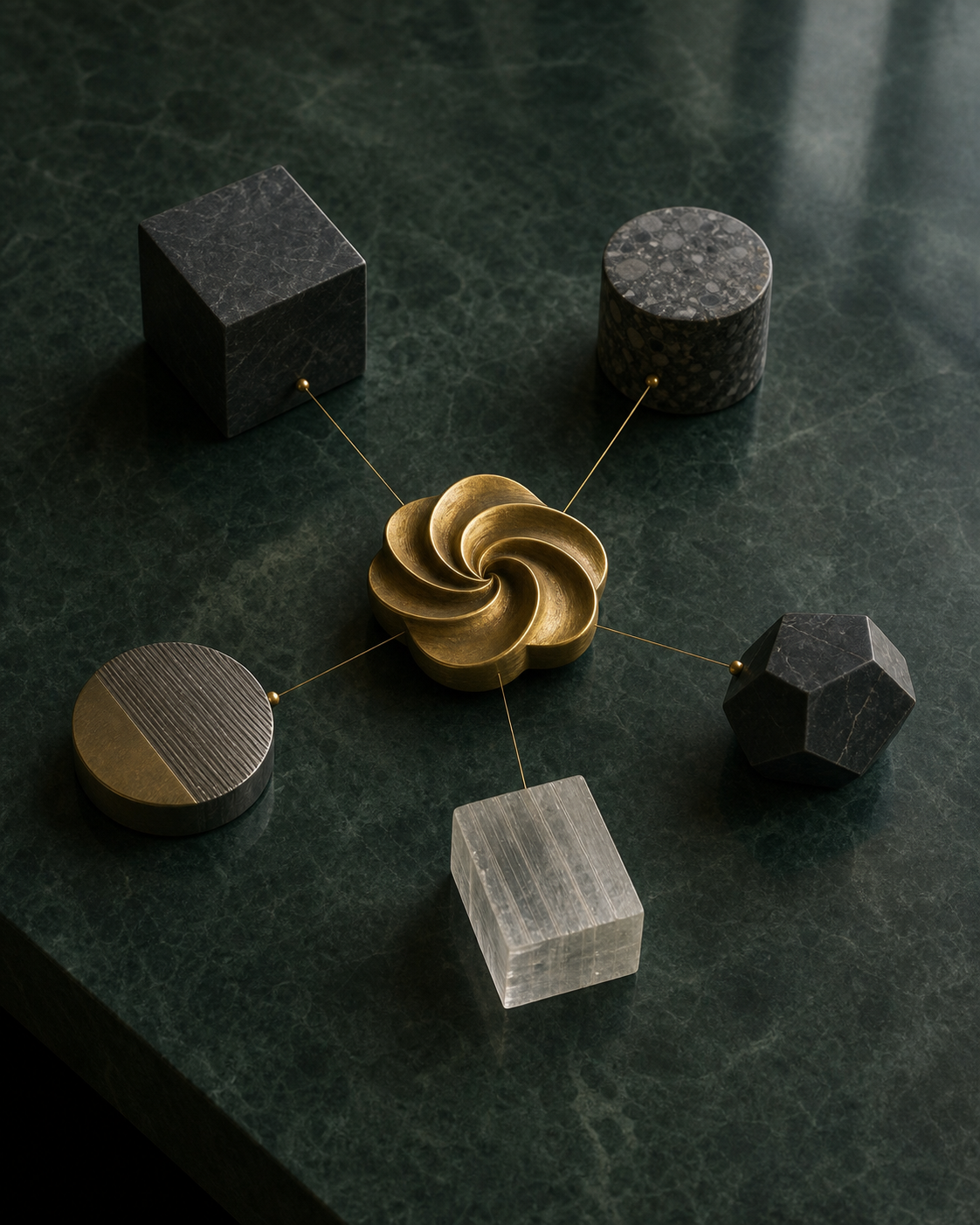 Five distinct mineral forms connected to one central gold tidal sculpture